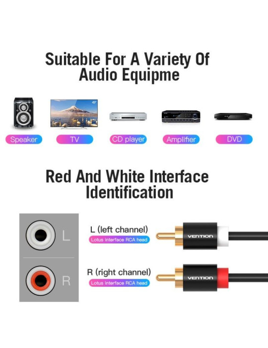 Cable Estéreo Vention VAB-R06-B200/ 2x RCA Macho - 2x RCA Macho/ 2m/ Negro