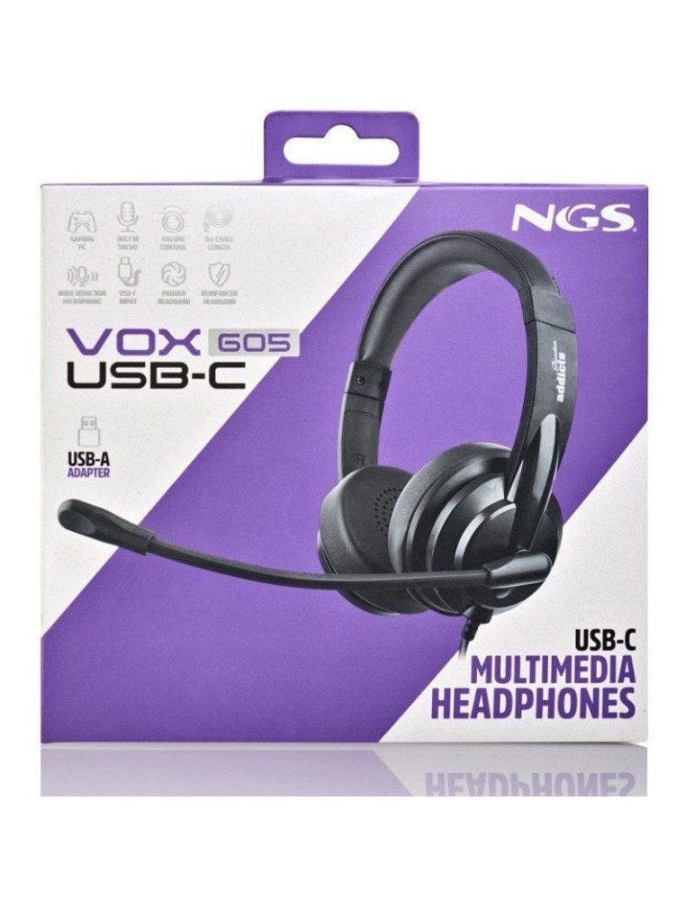 Auriculares NGS VOX605 USB-C/ con Micrófono/ USB Tipo-C/ Negros