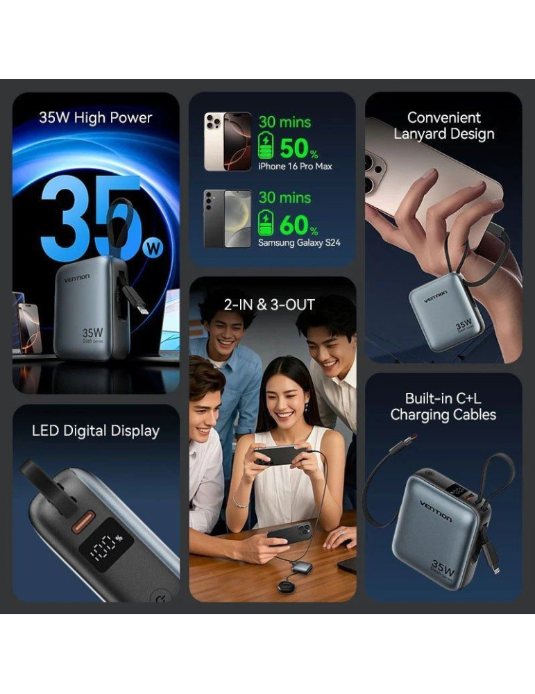 Powerbank 10000mAh Vention FHFN0/ 35W/ Gris/ Incluye Cable USB TIpo-C y Lightning