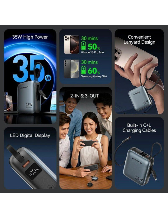 Powerbank 10000mAh Vention FHFN0/ 35W/ Gris/ Incluye Cable USB TIpo-C y Lightning