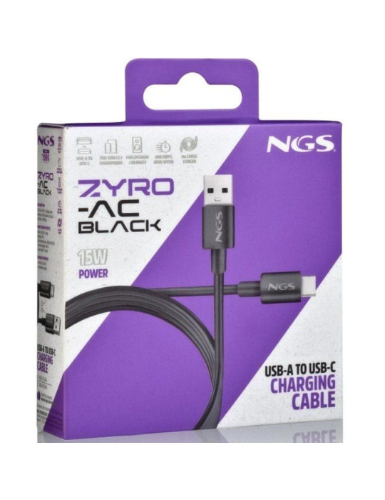 Cable USB 2.0 NGS ZYRO-AC/ USB Macho - USB Tipo-C Macho/ Hasta 15W/ 480Mbps/ 1m/ Negro