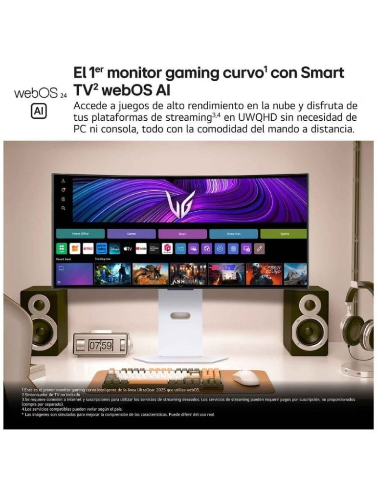 Smart Monitor Gaming Ultrapanorámico Curvo LG UltraGear 34GX90SA-W 34"/ WQHD/ Multimedia/ 0.03ms/ 240Hz/ OLED/ Regulable en altu