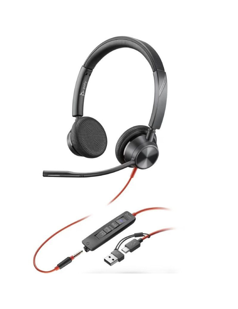 Auriculares Poly Blackwire 3225 para Microsoft Teams + 3.5 mm + Adaptador USB-C/A/ con Micrófono/ Jack 3.5 - USB Tipo-C/ Negros