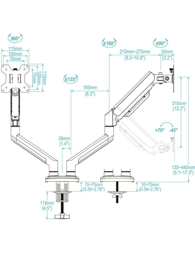 Soporte de Mesa para 2 Monitores TooQ DB1434TNR-W/ Giratorio/ Inclinable/ hasta 10kg