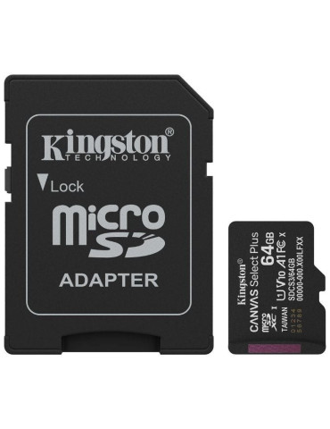Tarjeta de Memoria Kingston CANVAS Select Plus 64GB microSD XC con Adaptador/ Clase 10/ 100MBs