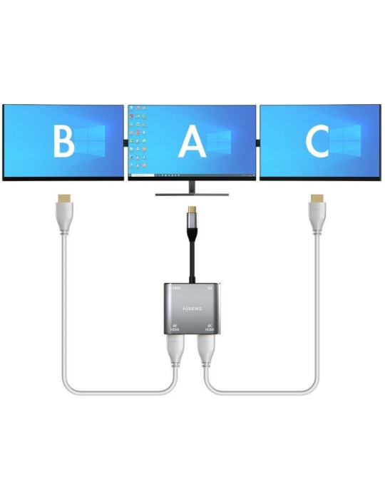 Conversor USB Tipo-C Aisens A109-0625/ 2x HDMI 4K SST MST Hembra - USB Tipo-C Macho - USB Hembra - USB Tipo-C Hembra