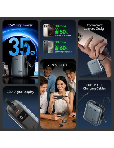 Powerbank 10000mAh Vention FHFN0/ 35W/ Gris/ Incluye Cable USB TIpo-C y Lightning 2