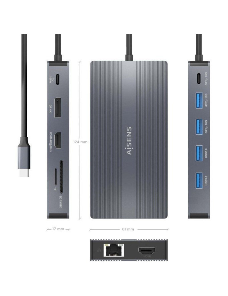 Docking USB Tipo-C Aisens ASUC-12P017-GR/ 2xHDMI 4K/ 4xUSB/ 1xUSB Tipo-C/ 1xRJ45/ 1xDisplayPort/ 1xLector Tarjetas/ 1xUSB Tipo-C