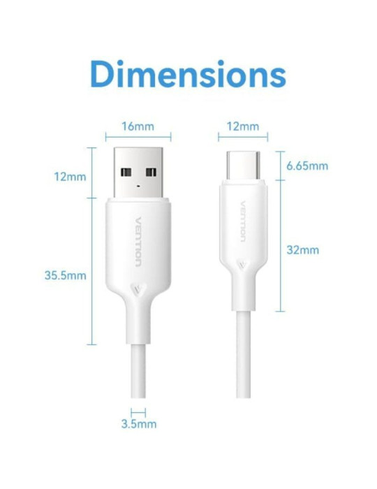 Cable USB 2.0 Tipo-C Vention CTQWF/ USB Tipo-C Macho - USB Macho/ Hasta 60W/ 480Mbps/ 1m/ Blanco