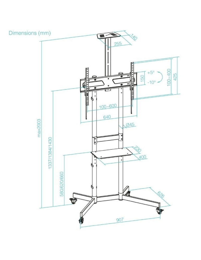 Soporte de Suelo Inclinable con Ruedas TooQ NEFERTITI FS1151M-B para TV de 37-70"/ hasta 70kg