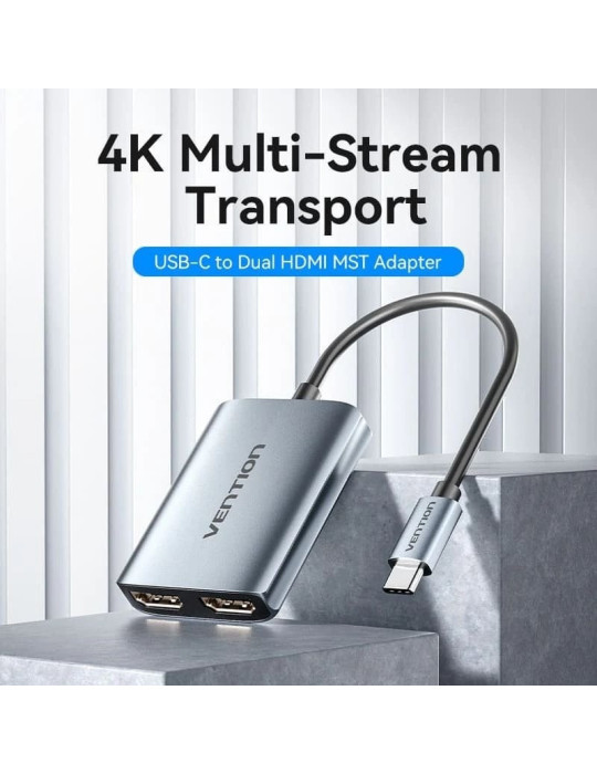 Cable Conversor Vention ACZHB/ USB Tipo-C Macho - 2x HDMI Hembra/ Gris