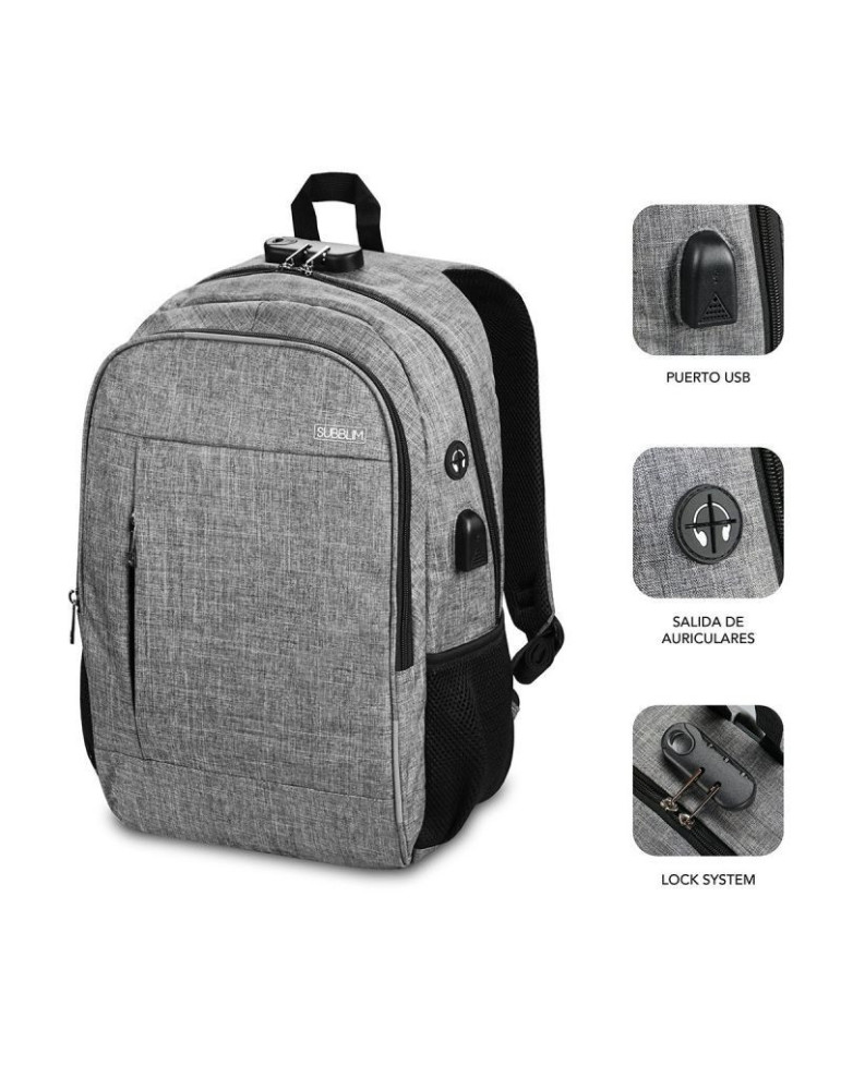 Mochila Subblim Urban Lock para Portátiles hasta 16"/ Puerto USB/ Antirrobo/ Gris