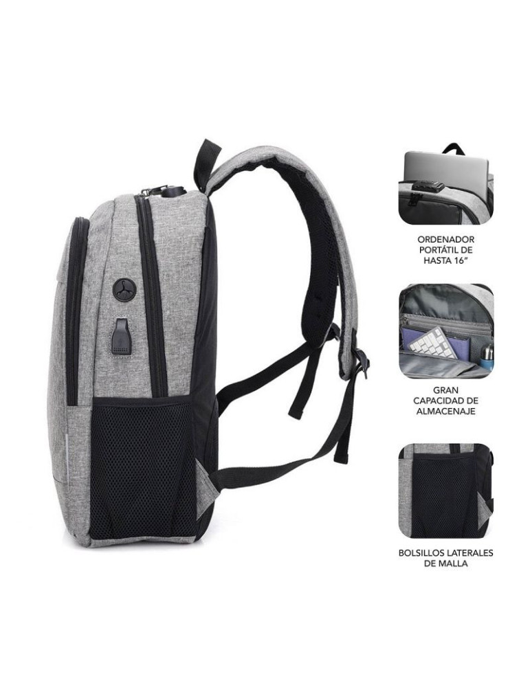 Mochila Subblim Urban Lock para Portátiles hasta 16"/ Puerto USB/ Antirrobo/ Gris
