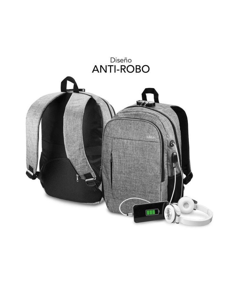 Mochila Subblim Urban Lock para Portátiles hasta 16"/ Puerto USB/ Antirrobo/ Gris