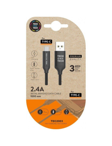 Cable USB 2.0 Tipo-C Tech One Tech TEC2003/ USB Tipo-C Macho - USB Macho/ 480Mbps/ 1m/ Negro