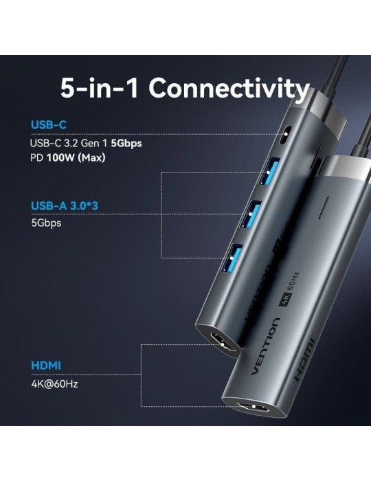 Docking USB Tipo-C Vention TGMHB/ 3xUSB/ 1xHDMI 4K/ 1xUSB Tipo-C PD