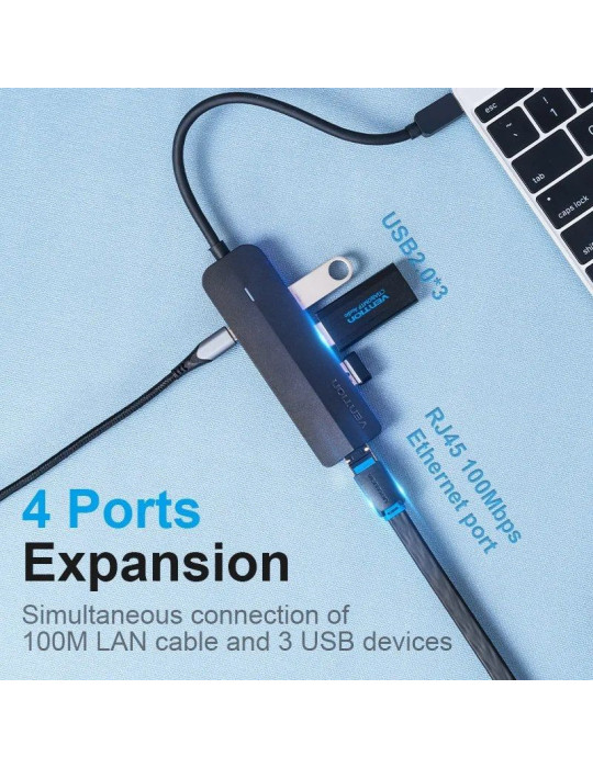 Hub USB Tipo-C Vention TGOBB/ 3xUSB/ 1xRJ45/ 1x Micro B PD/ Negro