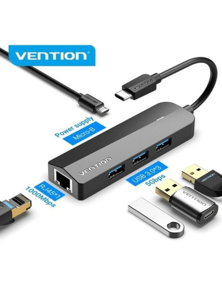 Hub USB Tipo-C Vention TGPBB/ 3xUSB/ 1xRJ45/ 1xMicro B PD/ Negro