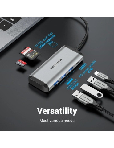 Docking USB Tipo-C Vention TGRHB/ 3xUSB/ 1xLector Tarjetas/ 1xUSB Tipo-C PD/ Gris 2