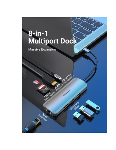 Docking USB Tipo-C Vention TOKHB/ 1xHDMI 4K/ 3xUSB/ 1xUSB Tipo-C PD/ 1xRJ45/ 1xLector Tarjetas SD y MicroSD/ Gris 2