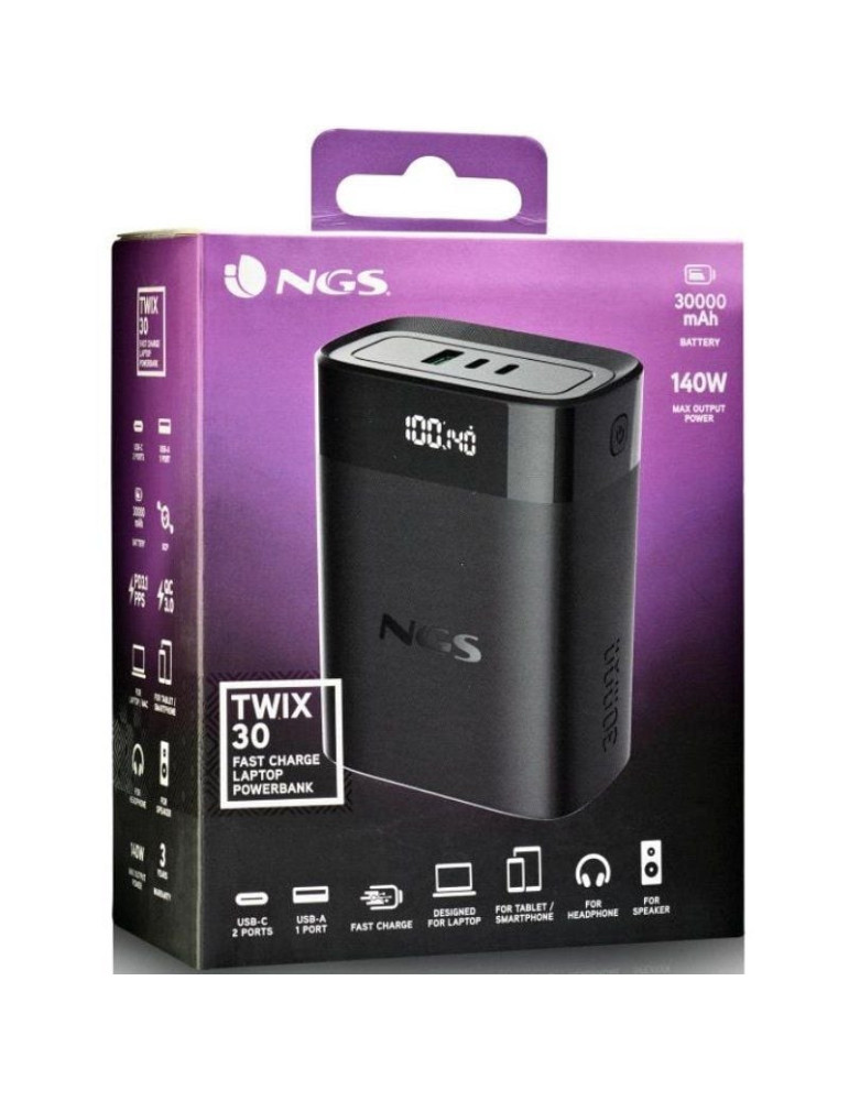 Powerbank 30000mAh NGS TWIX30/ 140W/ Compatible con Portátiles/ Negra