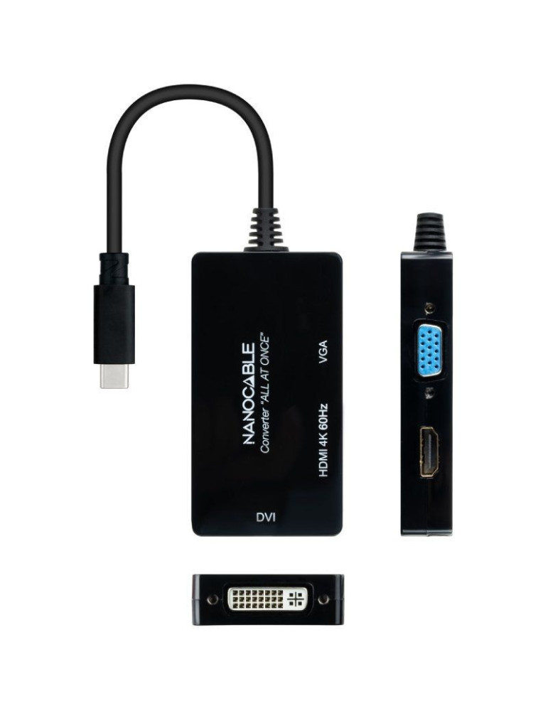 Conversor Nanocable 10.16.4301-ALL/ USB Tipo-C Macho - HDMI Hembra - DVI-I Hembra - VGA Hembra/ 20cm/ Negro