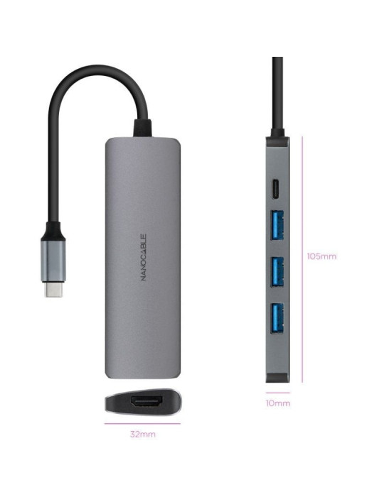 Docking Tipo-C Nanocable 10.16.4605/ 3xUSB/ 1xHDMI 4K/ 1xUSB Tipo-C PD/ Gris