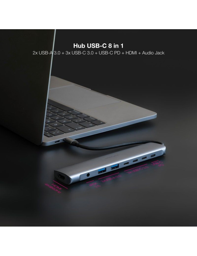 Docking Tipo-C Nanocable 10.16.4608/ 2xUSB/ 3xUSB Tipo-C/ 1xHDMI 4K/ 1xJack 3.5/ 1xUSB Tipo-C PD/ Gris