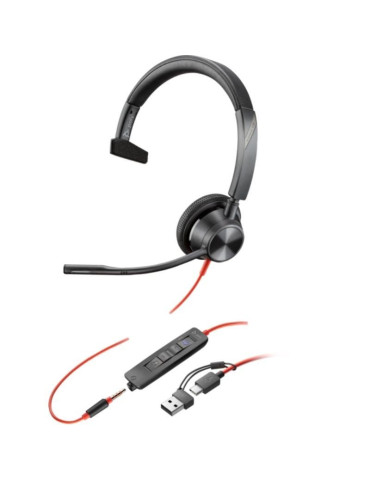 Auricular Poly Blackwire 3315 para Microsoft Teams + Adaptador USB-C/A/ con Micrófono/ Jack 3.5/ Negro