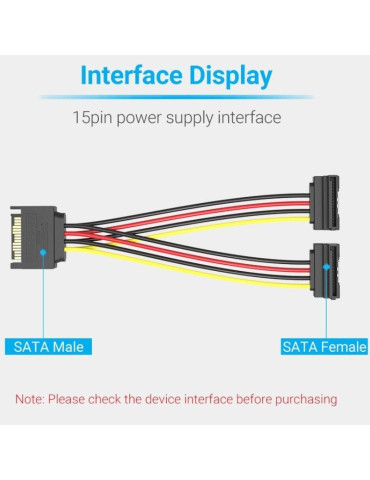 Cable Alimentación Vention KDBBB/ SATA Macho - 2x SATA Hembra/ 15cm/ Negro 2