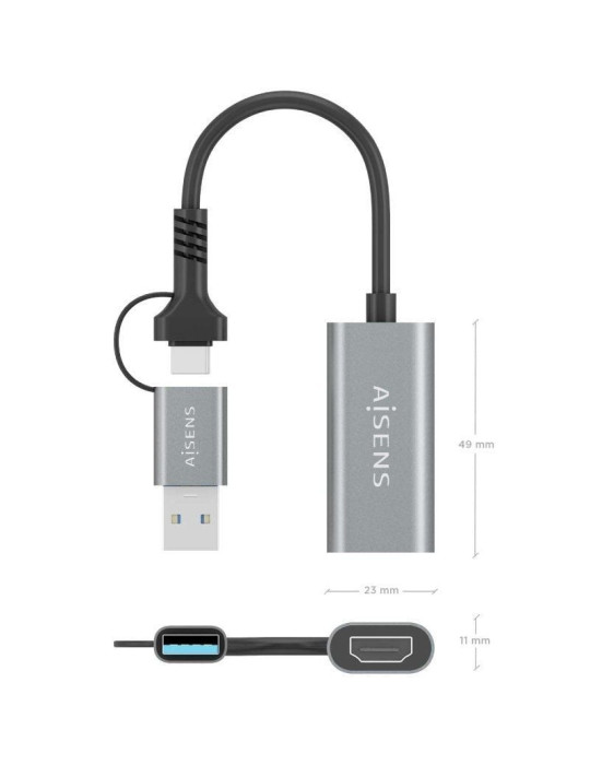 Conversor HDMI Aisens A109-0913/ USB + USB Tipo-C 3.1 Macho - HDMI Macho/ 15cm/ Gris