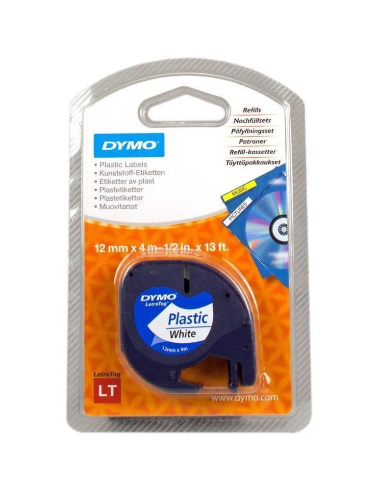 Cinta Rotuladora Adhesiva de Plástico Dymo 91221/ para Letratag/ 12mm x 4m/ Negra-Blanca