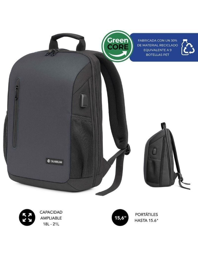 Mochila Subblim Xpand Air Padding Backpack para Portátiles hasta 15.6"/ Puerto USB/ Negro