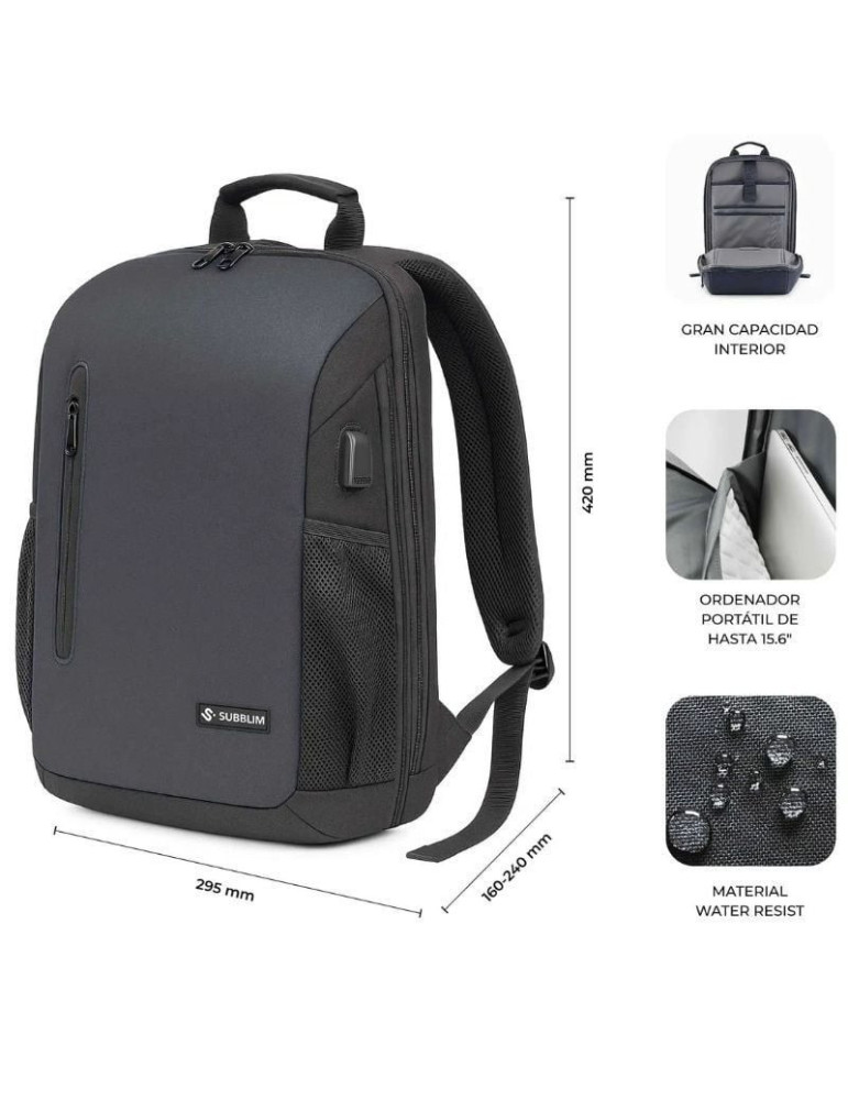 Mochila Subblim Xpand Air Padding Backpack para Portátiles hasta 15.6"/ Puerto USB/ Negro