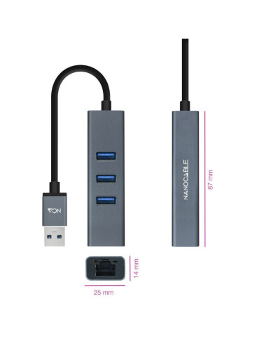 Hub USB 3.0 Nanocable 10.03.0407/ 3xUSB/ 1xRJ45/ Gris 2