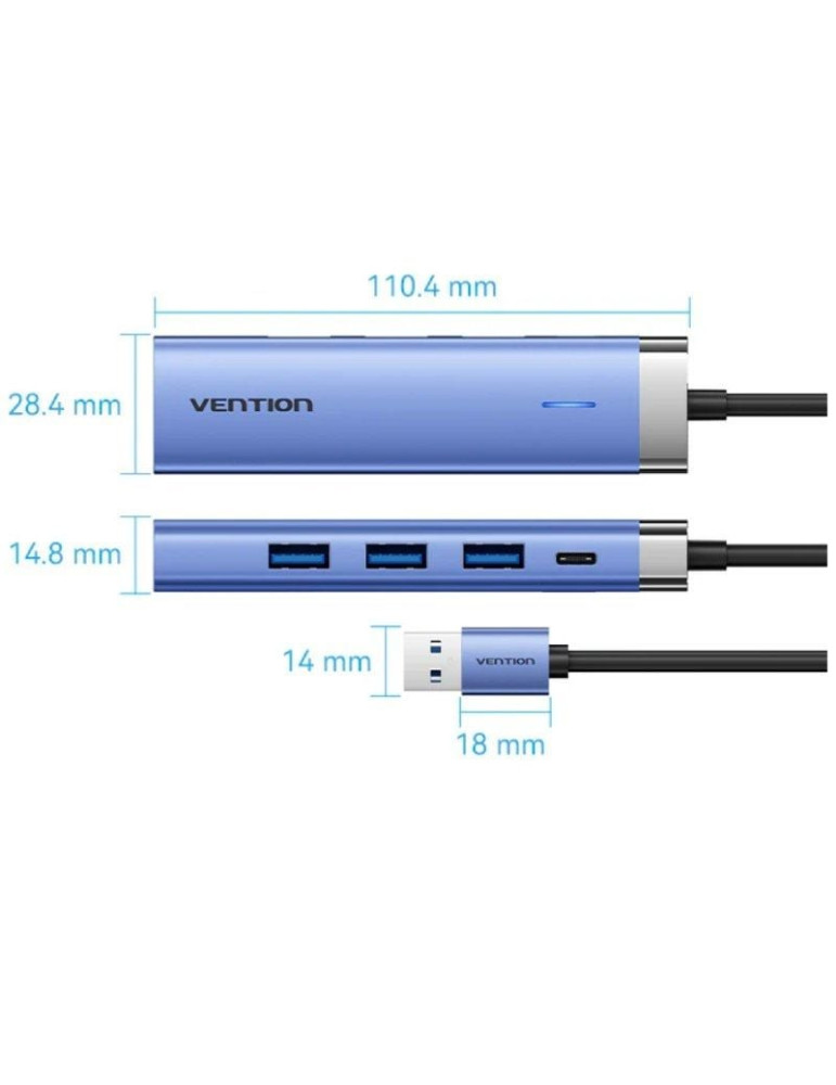 Hub USB 3.0 Vention TGFSB/ 3xUSB/ 1xRJ45/ 1xUSB Tipo-C PD/ Azul